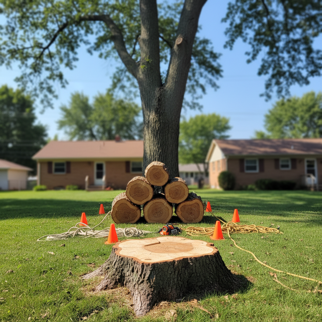 A tall, slightly leaning oak tree dominates a residential backyard, captured mid-process of safe, professional removal. Thick, freshly cut sections of trunk rest neatly stacked on the lawn, and a large stump shows clean, level saw marks ready for grinding. Bright safety cones and organized ropes are arranged around the work zone, emphasizing care and precision without showing any workers. The setting is a Port Huron neighborhood with modest homes softly blurred in the background. Clear midday light creates crisp, realistic shadows and highlights the rough bark texture and clean cuts. Shot from a slightly low angle with sharp focus on the tree base and stump, the photographic realism and balanced composition convey reliability, safety, and methodical workmanship for a tree removal service.