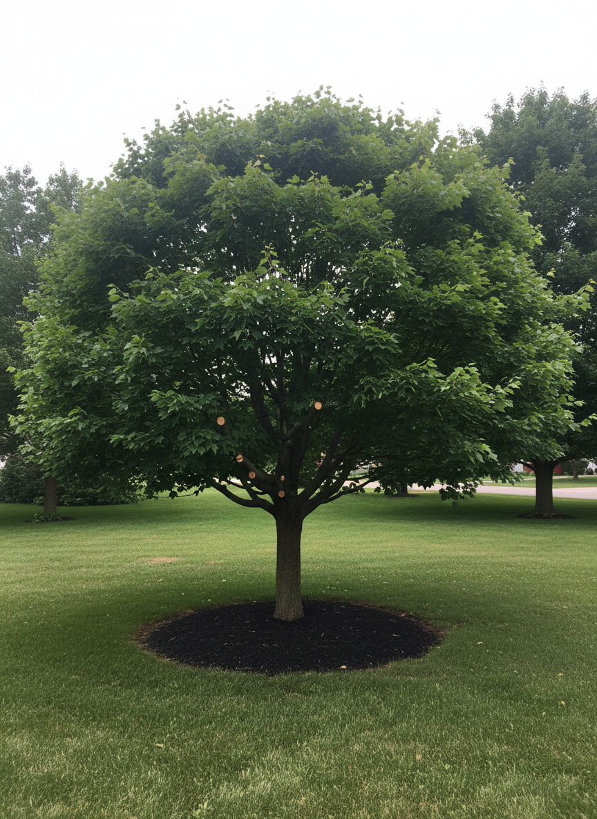 A healthy, mature maple tree with a full, symmetrical canopy of deep green leaves stands prominently in a well-kept suburban yard in Port Huron, Michigan. Fresh, precise pruning cuts are visible on a few select branches, emphasizing professional tree care. Around the base, a neat mulch ring protects the trunk, and a trimmed lawn surrounds the tree. Soft late-morning natural light from an overcast sky creates even, diffused illumination with gentle shadows, highlighting the tree’s texture and structure. Photographed at eye level with photographic realism, the composition uses the rule of thirds, with the tree slightly off-center and neighboring trees gently blurred in the background, creating a calm, trustworthy, and professional atmosphere for a tree care service website hero image.